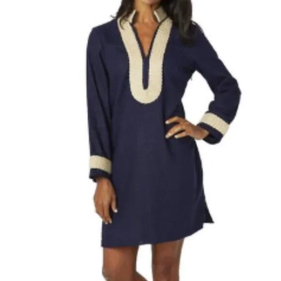 Sail to Sable Navy Blue Gold Linen Tunic Dress - Picture 1 of 6
